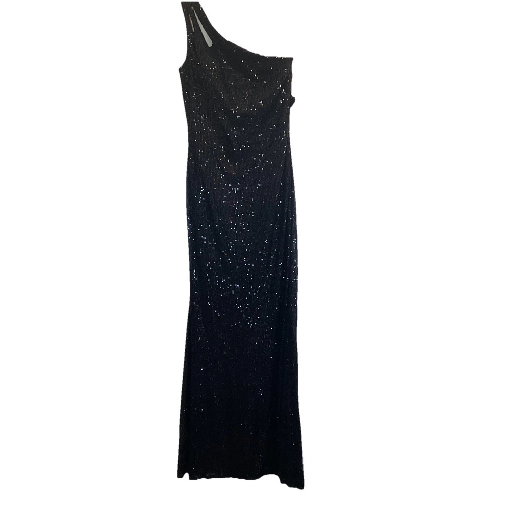Ieena for Mac Duggal Column Gown Black Sequin Asymmetric Shoulder Strap NWT